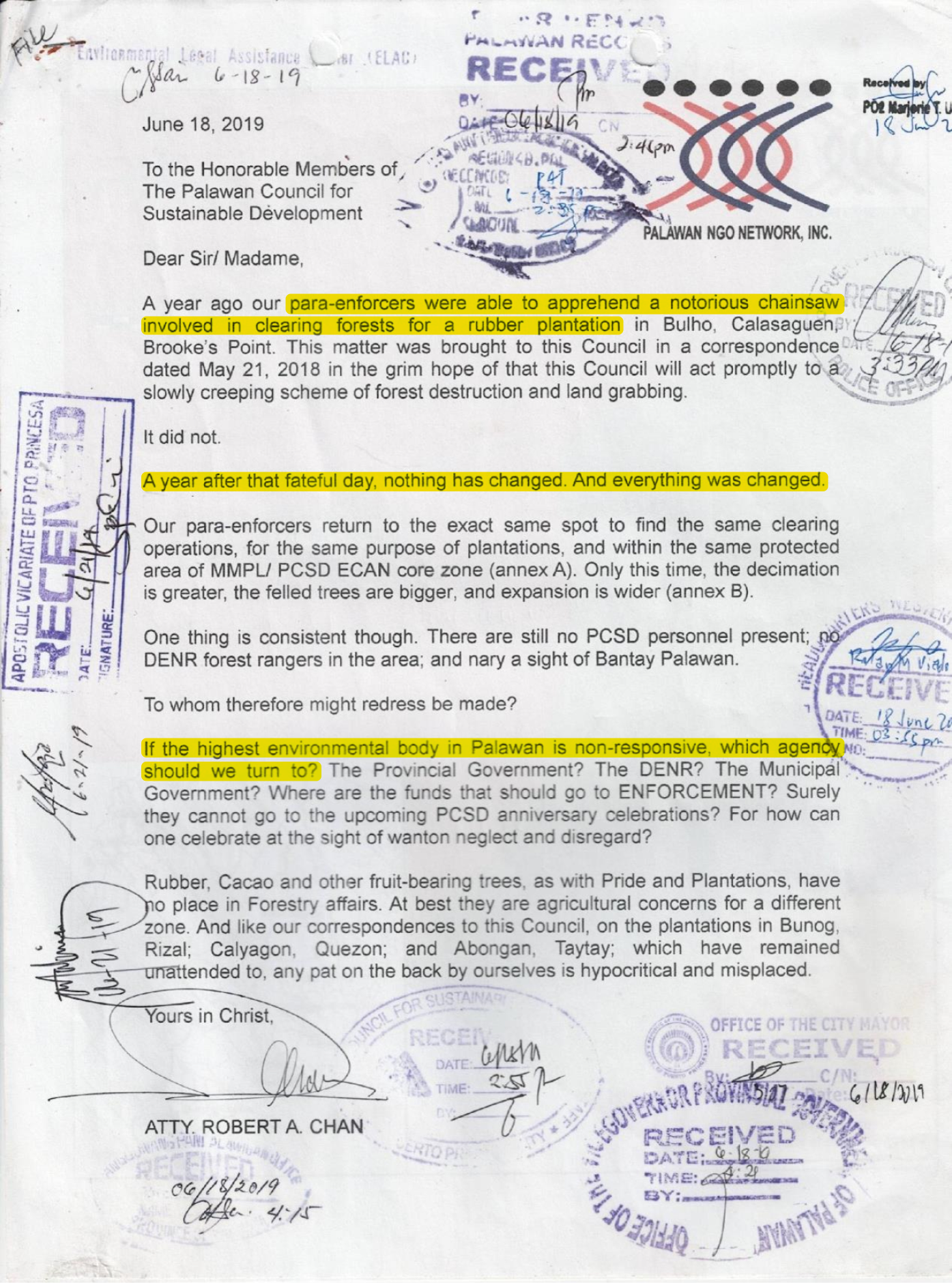 A scanned image of the complaint regarding illegal logging